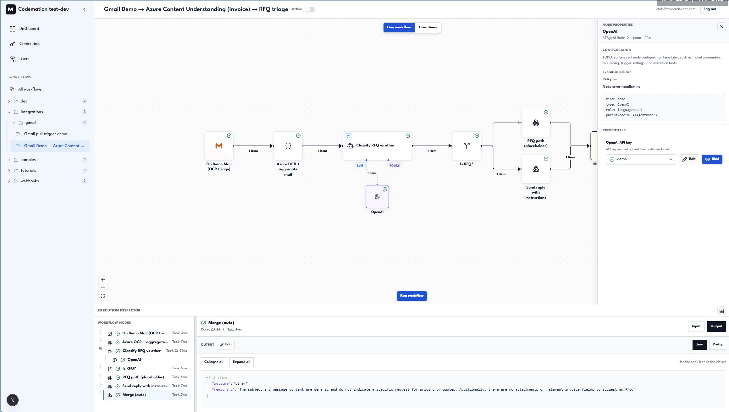 Workflow canvas showing an OCR mail triage agent flow
